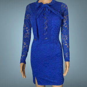 Carol Catugy Full Lace Bodycon Dress Medium Blue Backless Bow High Neck Stretch